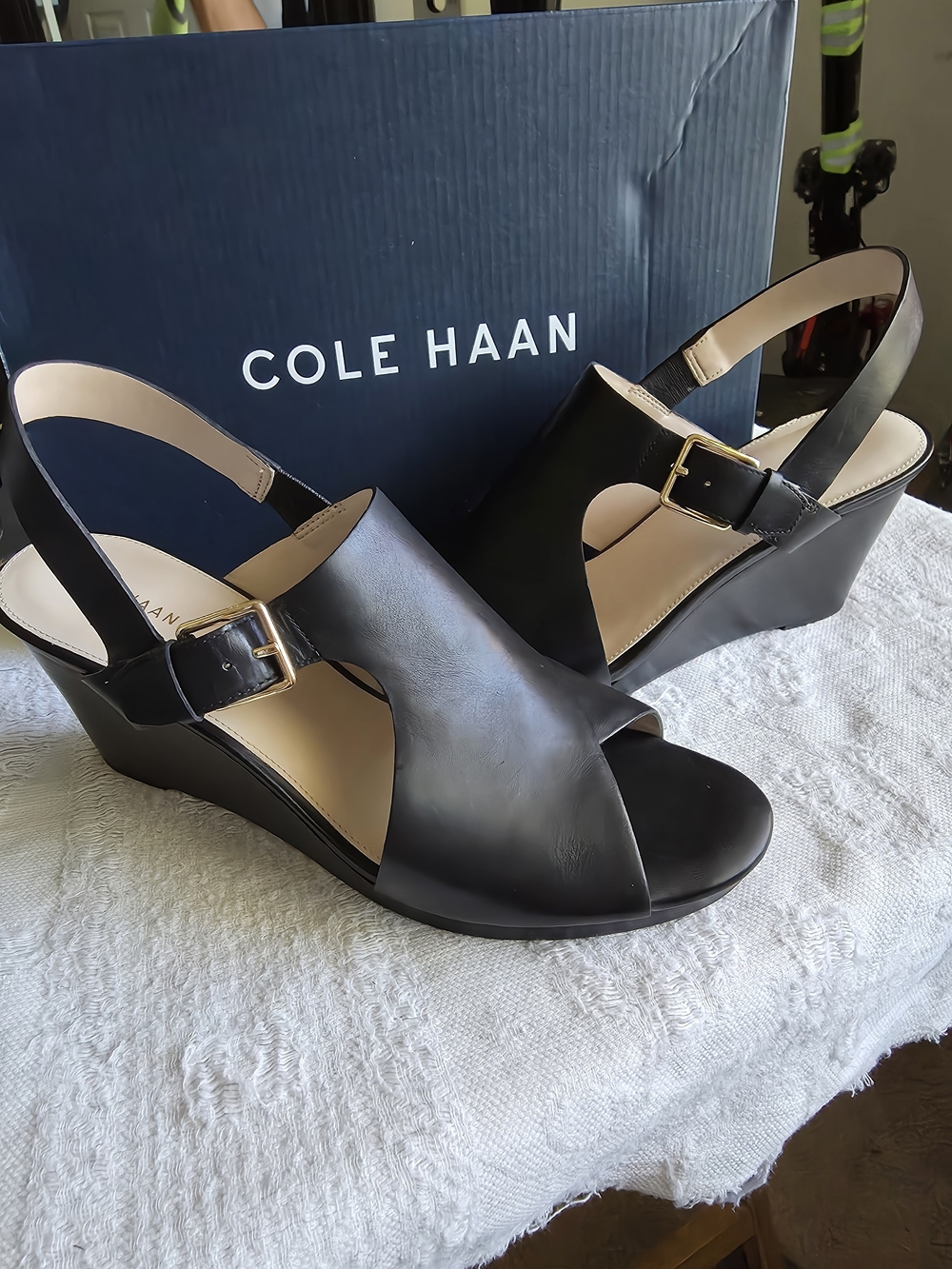 Cole Haan Black Leather Wedge Sandals